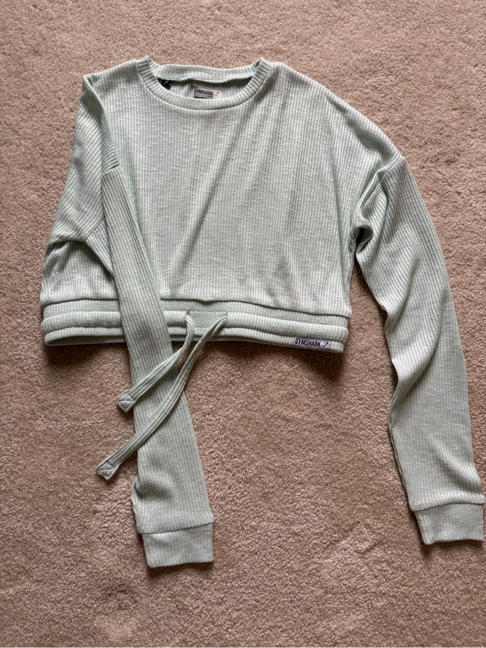 Gymshark Light Sage Ribbed Cropped Crew Neck Sweater with Wrap Ties
